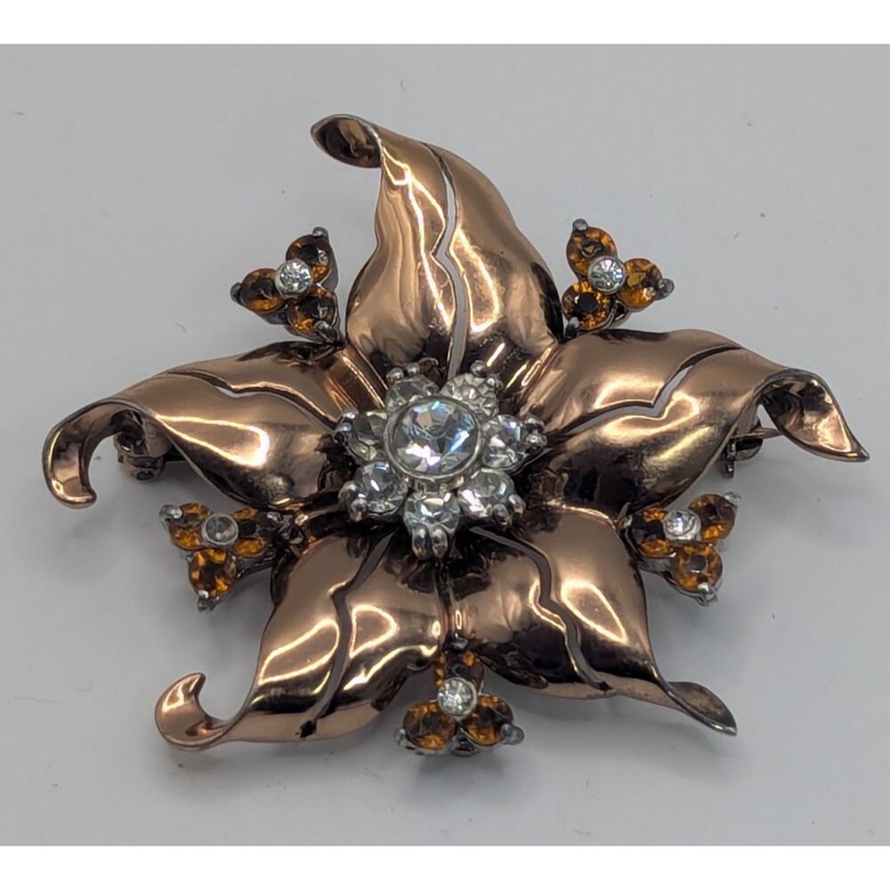 Vintage 1940s Signed PENNINO Sterling Rose Gold Vermeil Amber Flower Brooch Pin